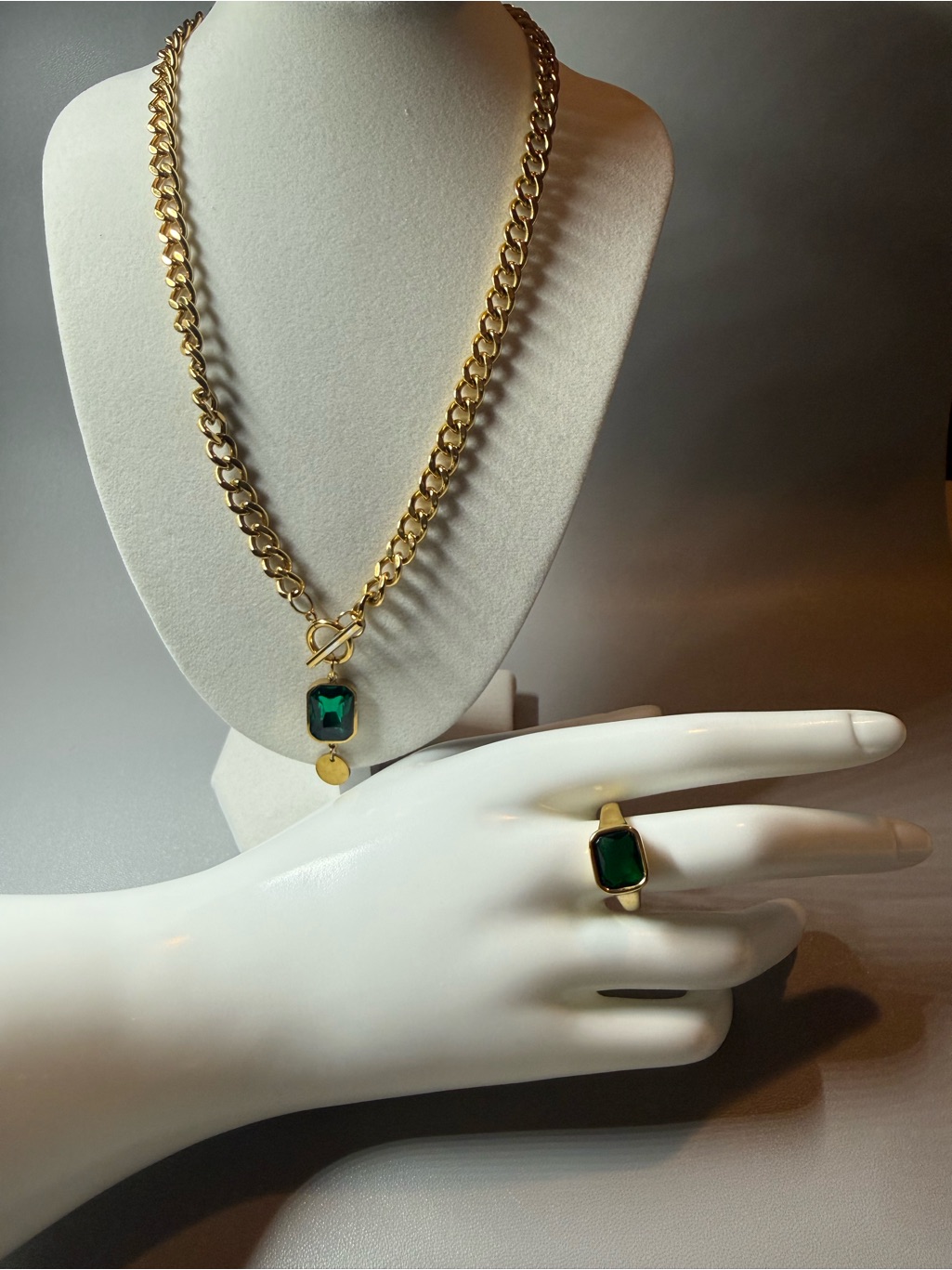 Gold-Tone Necklace And Ring Set With Emerald Green Stones